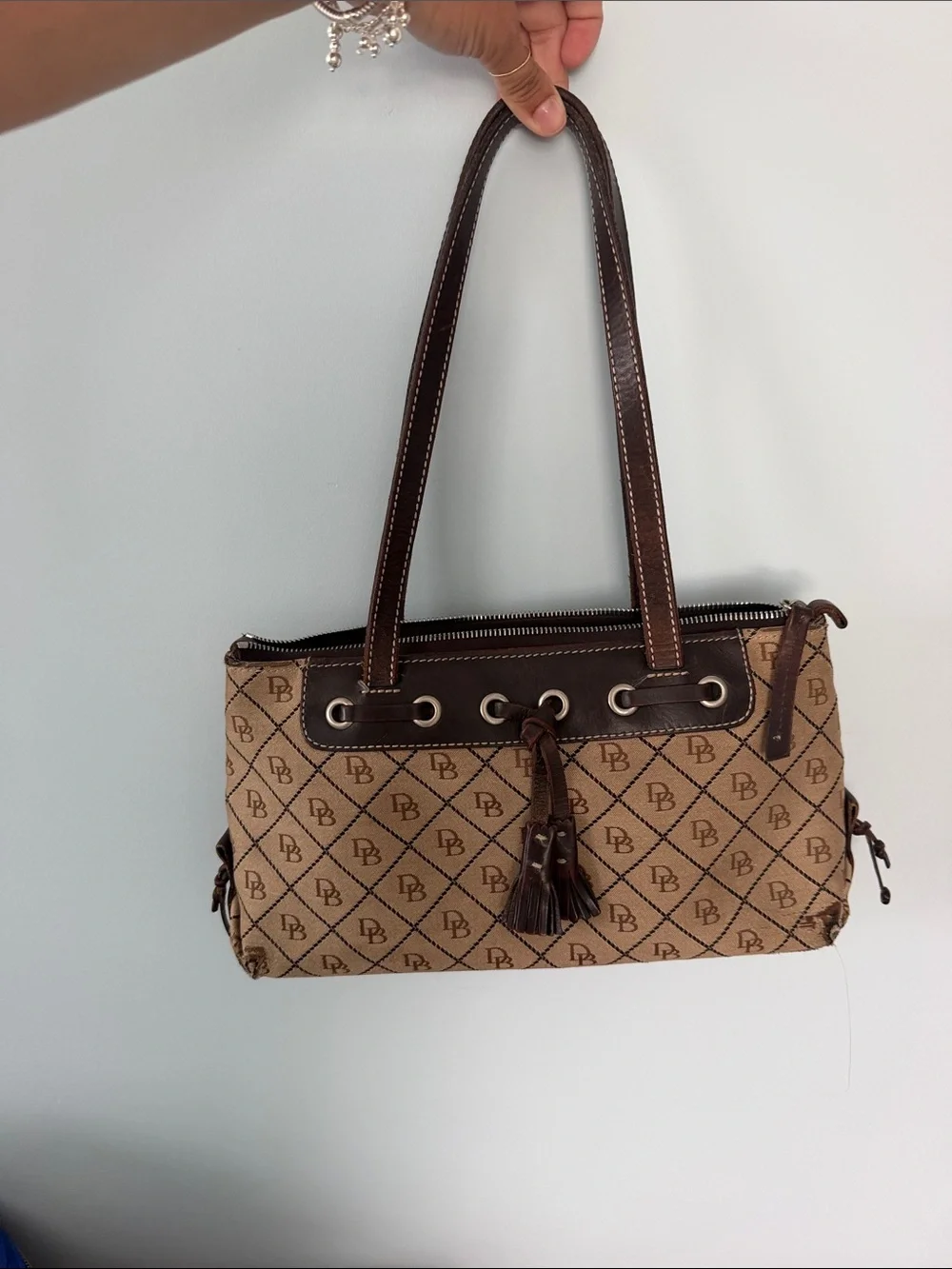 Dooney & Bourke Tan and Dark Brown Signature Monogram Shoulder Bag with Tassel